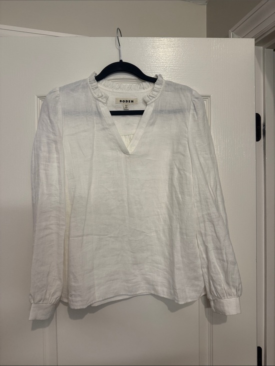 Boden Tops - Boden White Linen V-Neck Ruffle-Trim Blouse